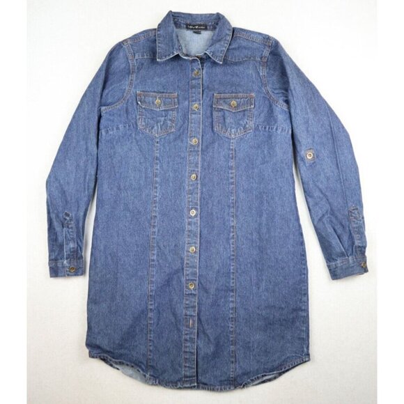 WOMEN'S DARK WASH DENIM TUNIC SHIRT DRESS - LONG SLEEVE - LOVE BY CHESLEY - M - Picture 3 of 10